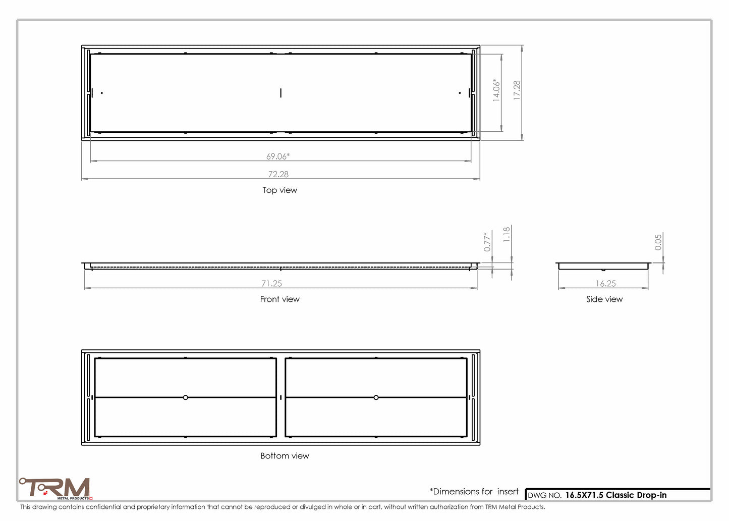 16.5x71.5 - Classic Drop-in Air Vent, Flush Floor-Matching, All Metal, Floor Vent Cover - TRM Metal  71.5x16.5