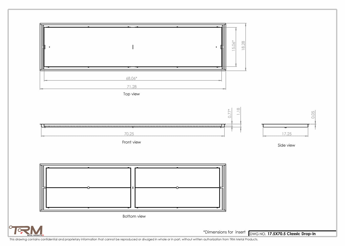 17.5x70.5 - Classic Drop-in Air Vent, Flush Floor-Matching, All Metal, Floor Vent Cover - TRM Metal  70.5x17.5