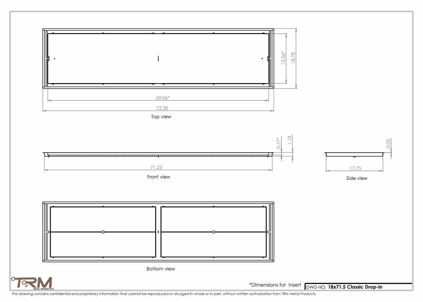 18x71.5 - Classic Drop-in Air Vent, Flush Floor-Matching, All Metal, Floor Vent Cover - TRM Metal  71.5x18