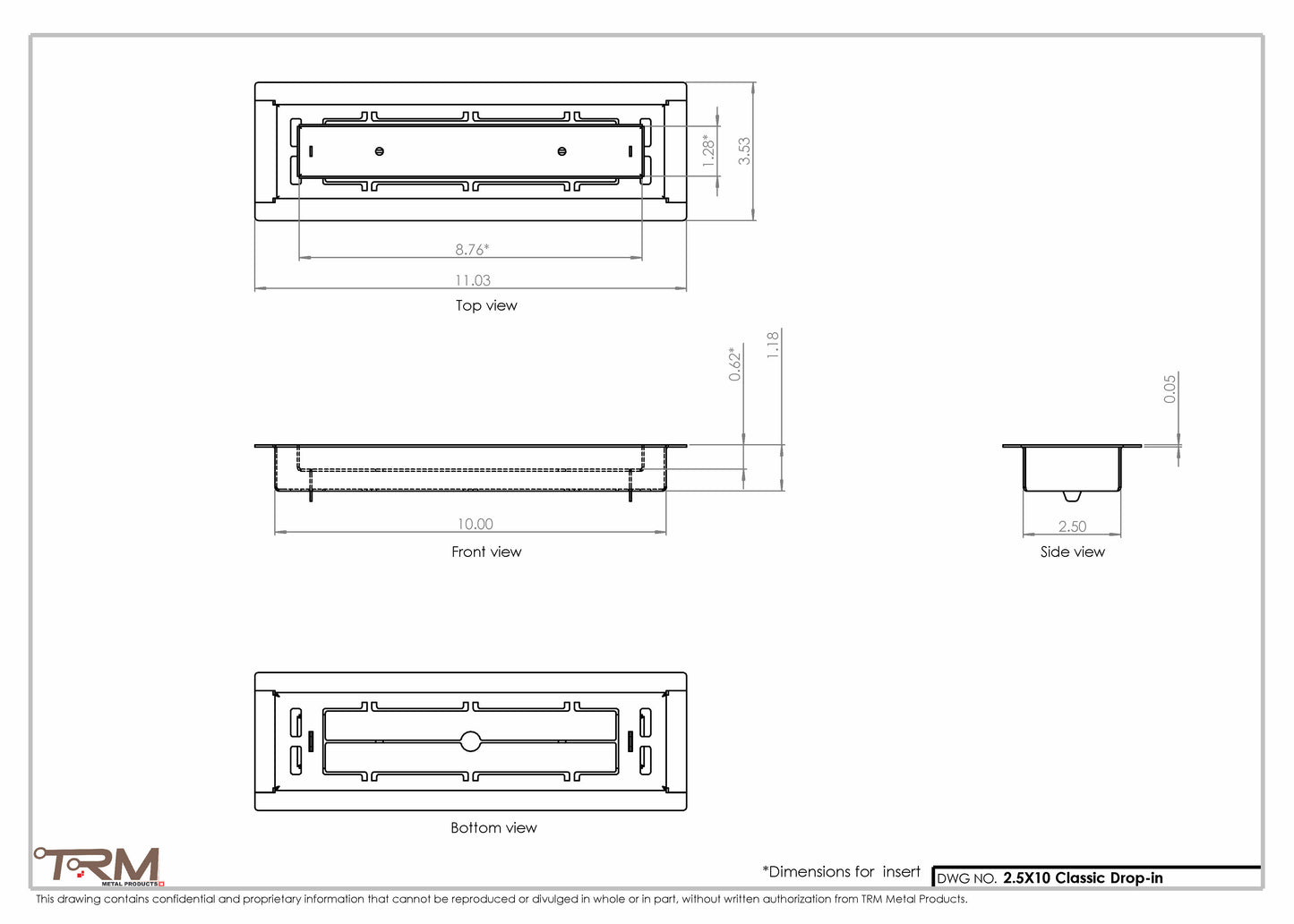 2.5x10 Classic Drop-in Air Vent, Flush Floor-Matching, All Metal, Floor Vent Cover (10x2.5)