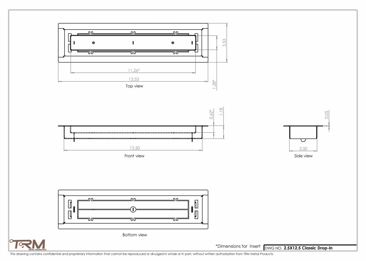 2.5x12.5 - Classic Drop-in Air Vent, Flush Floor-Matching, All Metal, Floor Vent Cover - TRM Metal  12.5x2.5