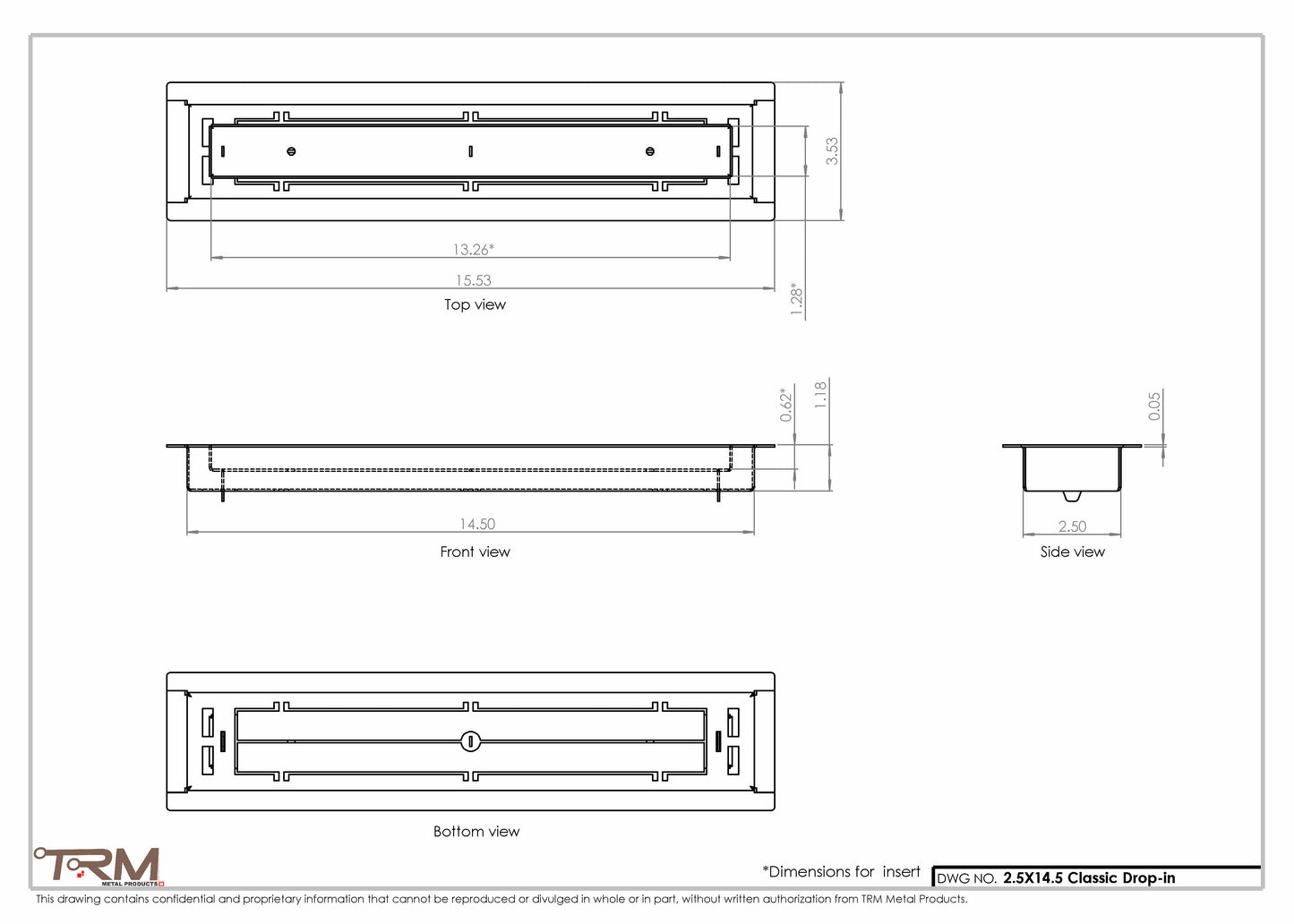 2.5x14.5 - Classic Drop-in Air Vent, Flush Floor-Matching, All Metal, Floor Vent Cover - TRM Metal  14.5x2.5