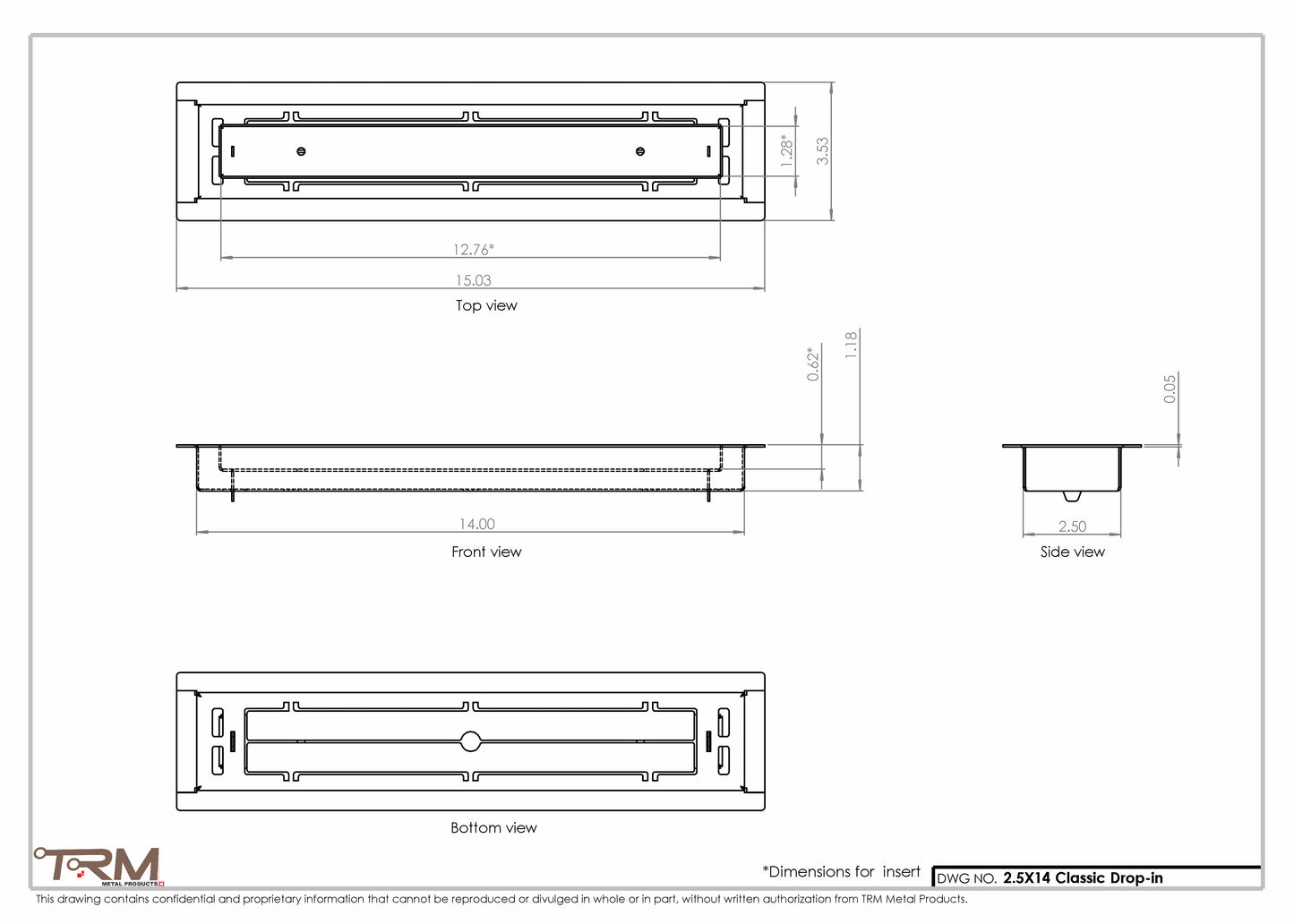2.5x14 - Classic Drop-in Air Vent, Flush Floor-Matching, All Metal, Floor Vent Cover - TRM Metal  14x2.5