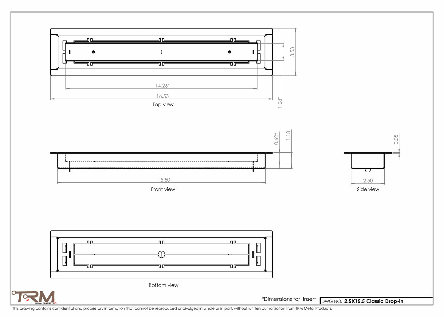 2.5x15.5 - Classic Drop-in Air Vent, Flush Floor-Matching, All Metal, Floor Vent Cover - TRM Metal  15.5x2.5
