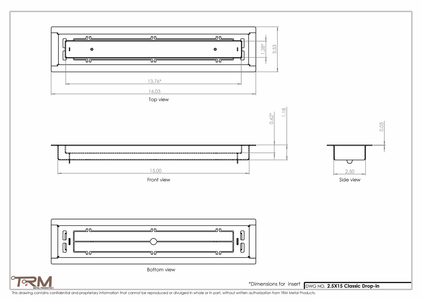 2.5x15 - Classic Drop-in Air Vent, Flush Floor-Matching, All Metal, Floor Vent Cover - TRM Metal  15x2.5