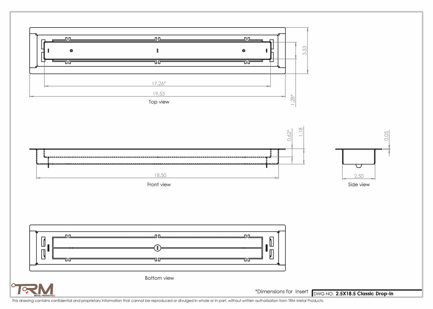 2.5x18.5 - Classic Drop-in Air Vent, Flush Floor-Matching, All Metal, Floor Vent Cover - TRM Metal  18.5x2.5
