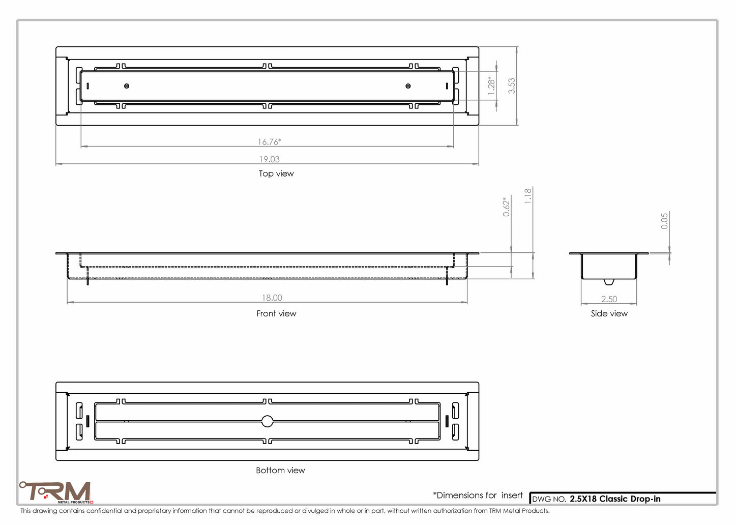 2.5x18 - Classic Drop-in Air Vent, Flush Floor-Matching, All Metal, Floor Vent Cover - TRM Metal  18x2.5