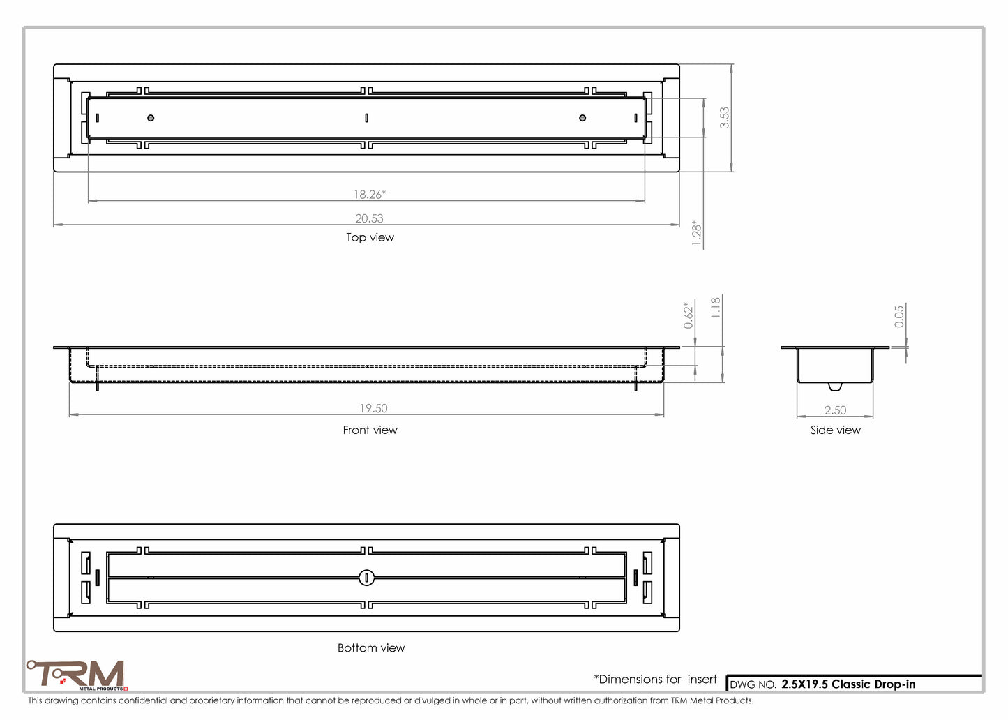 2.5x19.5 - Classic Drop-in Air Vent, Flush Floor-Matching, All Metal, Floor Vent Cover - TRM Metal  19.5x2.5