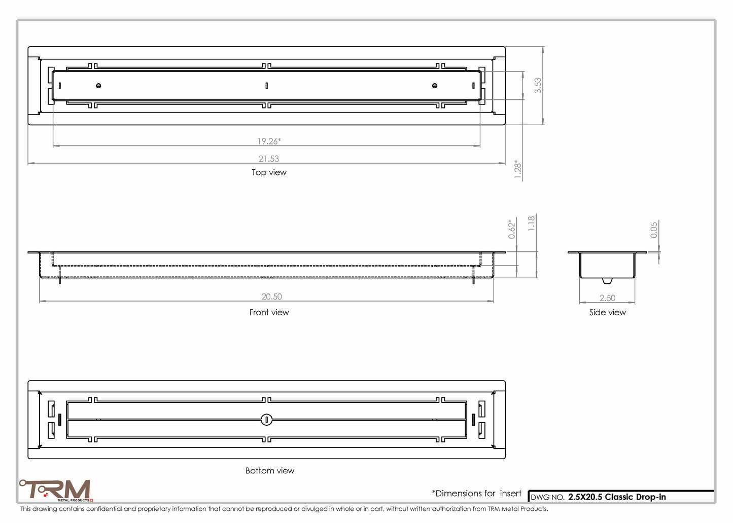 2.5x20.5 - Classic Drop-in Air Vent, Flush Floor-Matching, All Metal, Floor Vent Cover - TRM Metal  20.5x2.5