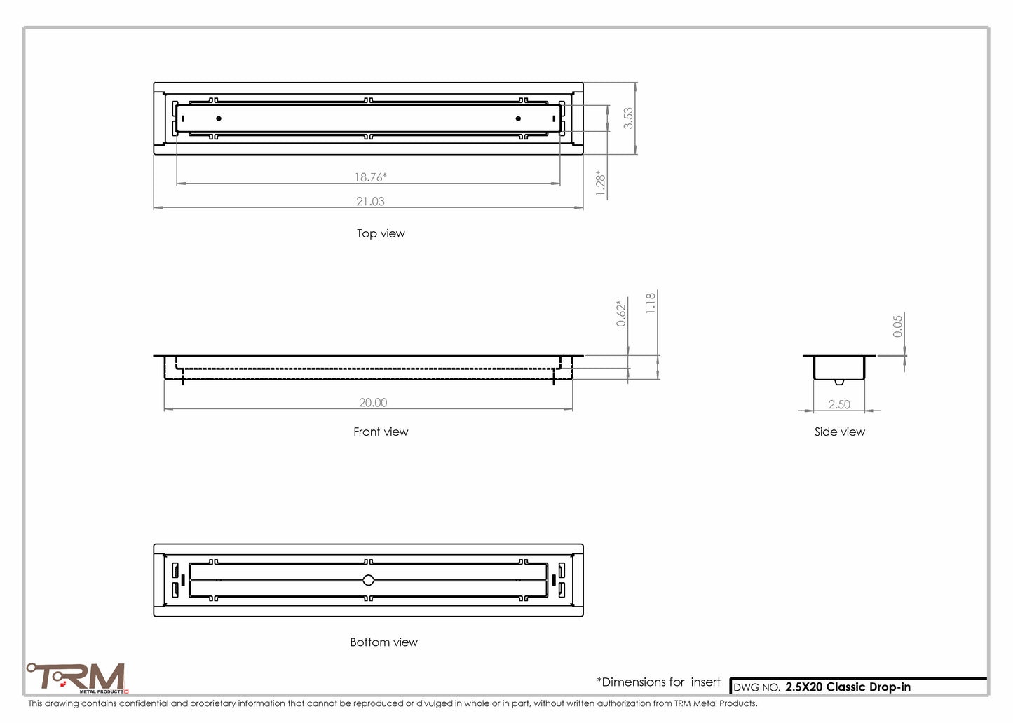 2.5x20 - Classic Drop-in Air Vent, Flush Floor-Matching, All Metal, Floor Vent Cover - TRM Metal  20x2.5