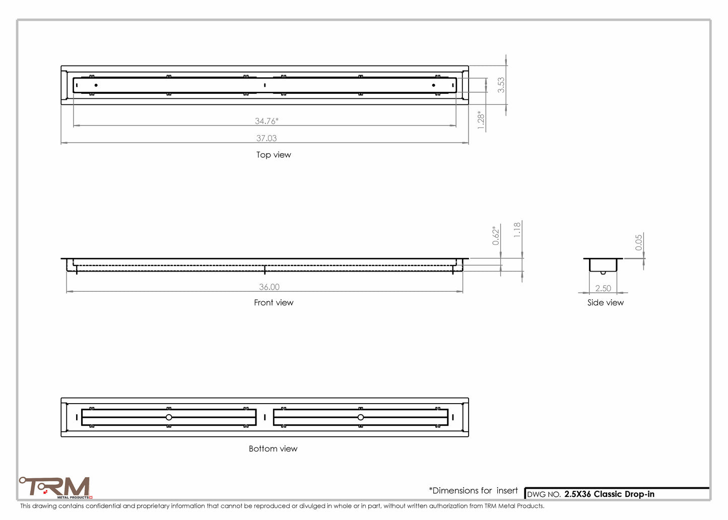 2.5x36 - Classic Drop-in Air Vent, Flush Floor-Matching, All Metal, Floor Vent Cover - TRM Metal  36x2.5