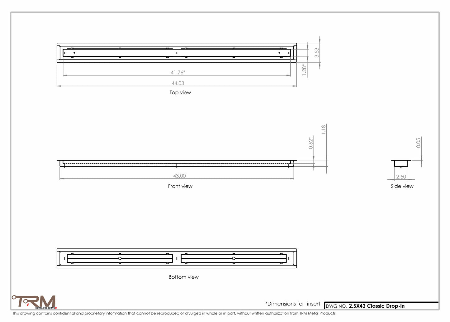 2.5x43 - Classic Drop-in Air Vent, Flush Floor-Matching, All Metal, Floor Vent Cover - TRM Metal  43x2.5