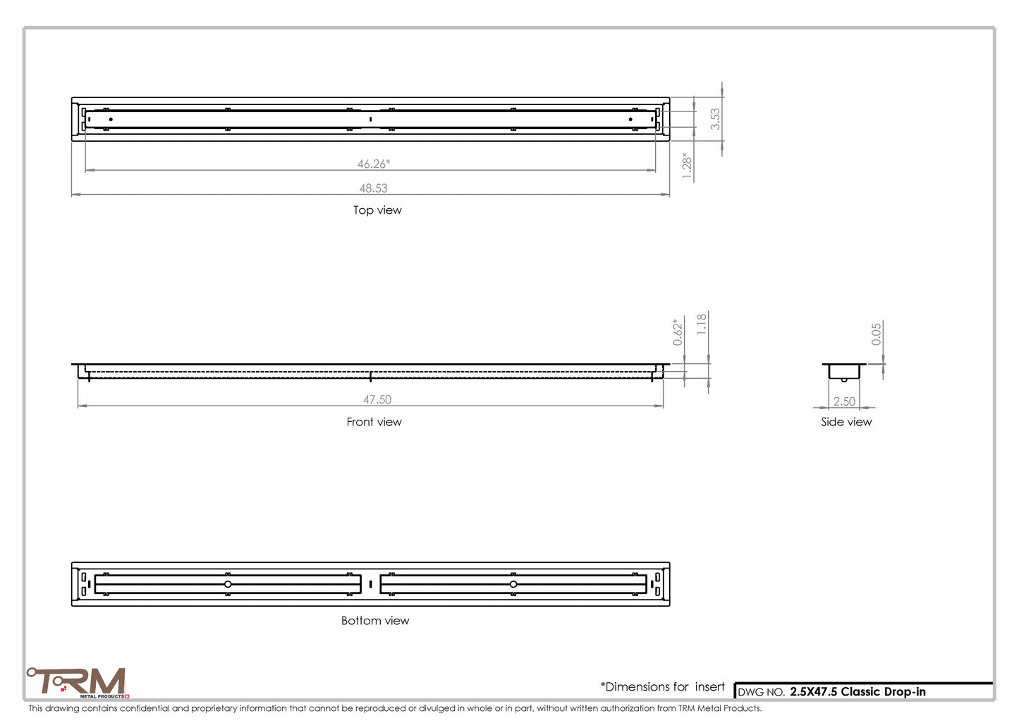 2.5x47.5 - Classic Drop-in Air Vent, Flush Floor-Matching, All Metal, Floor Vent Cover - TRM Metal  47.5x2.5