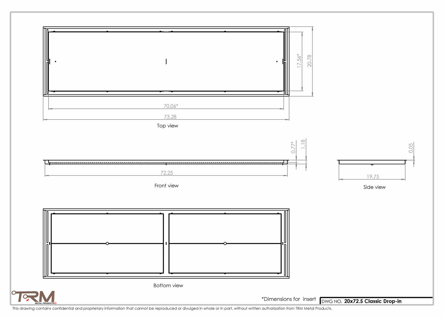 20x72.5 - Classic Drop-in Air Vent, Flush Floor-Matching, All Metal, Floor Vent Cover - TRM Metal  72.5x20