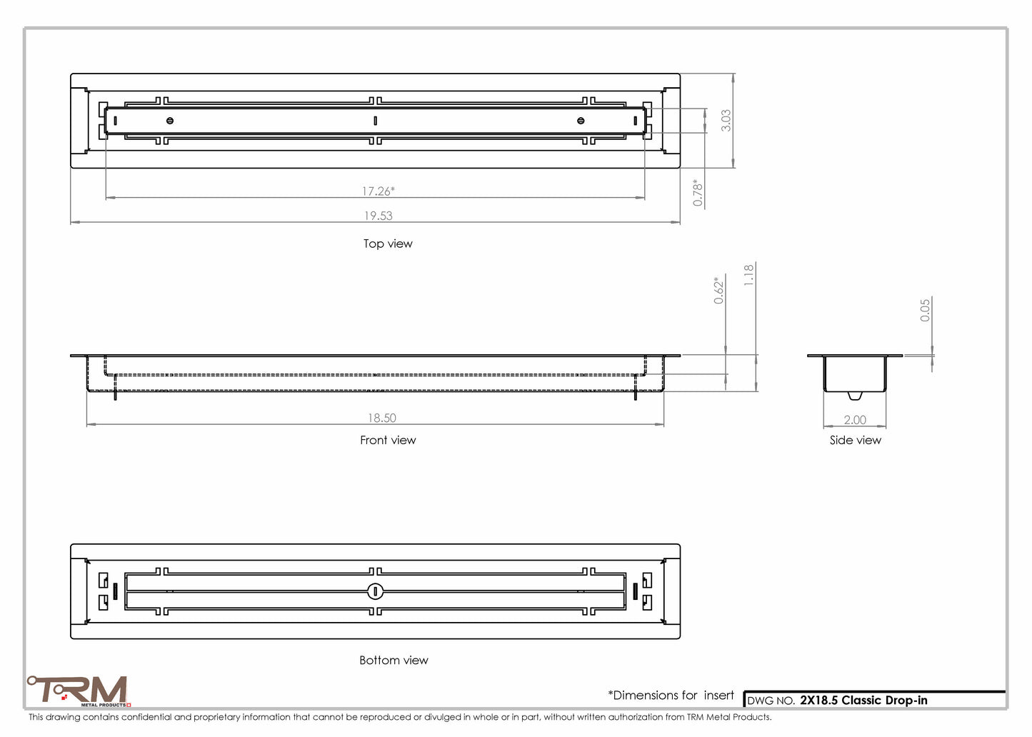 2x18.5 - Classic Drop-in Air Vent, Flush Floor-Matching, All Metal, Floor Vent Cover - TRM Metal  18.5x2