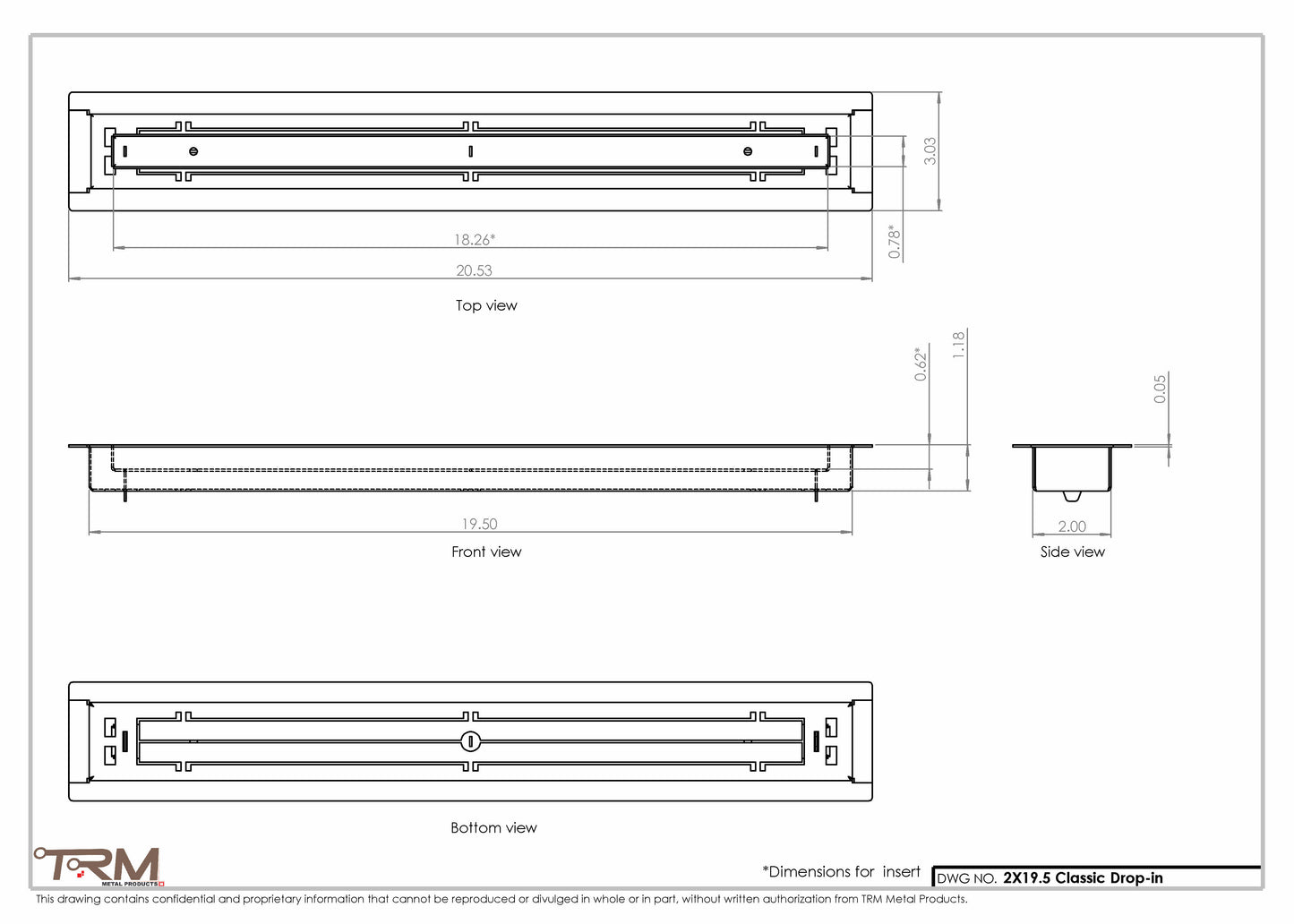 2x19.5 - Classic Drop-in Air Vent, Flush Floor-Matching, All Metal, Floor Vent Cover - TRM Metal  19.5x2