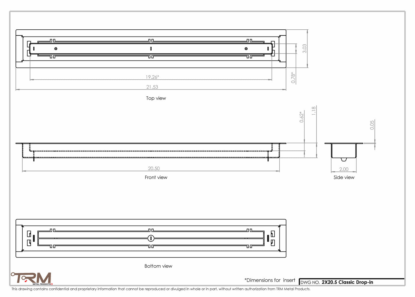 2x20.5 - Classic Drop-in Air Vent, Flush Floor-Matching, All Metal, Floor Vent Cover - TRM Metal  20.5x2