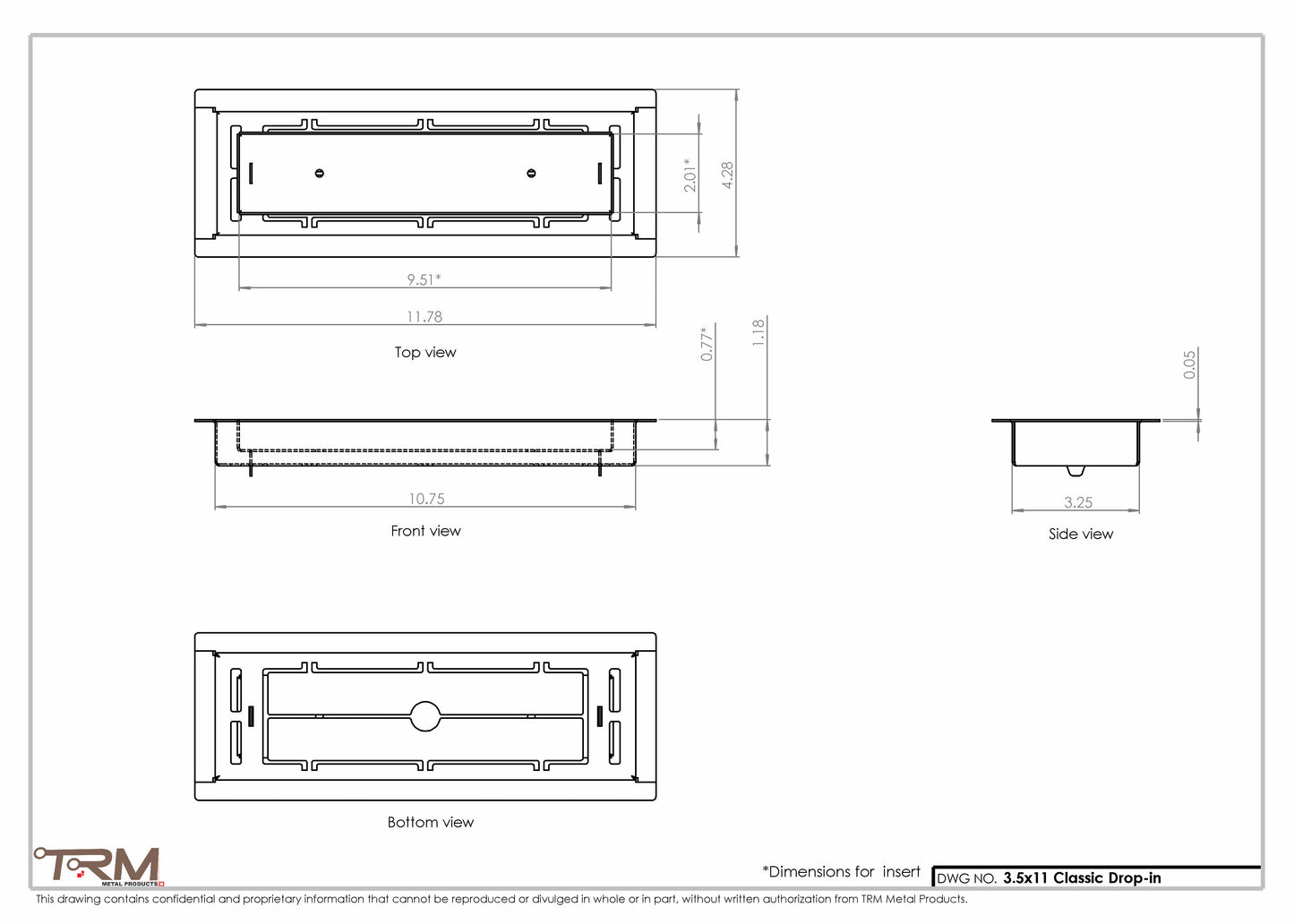 3.5x11 - Classic Drop-in Air Vent, Flush Floor-Matching, All Metal, Floor Vent Cover - TRM Metal  11x3.5