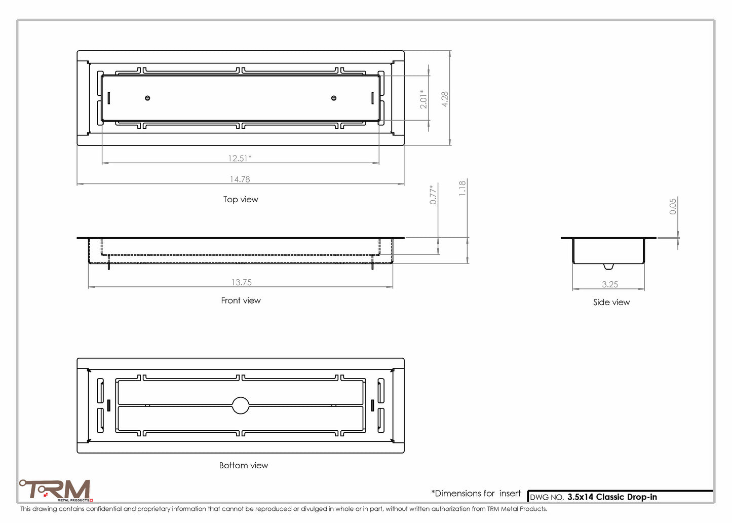 3.5x14 - Classic Drop-in Air Vent, Flush Floor-Matching, All Metal, Floor Vent Cover - TRM Metal  14x3.5