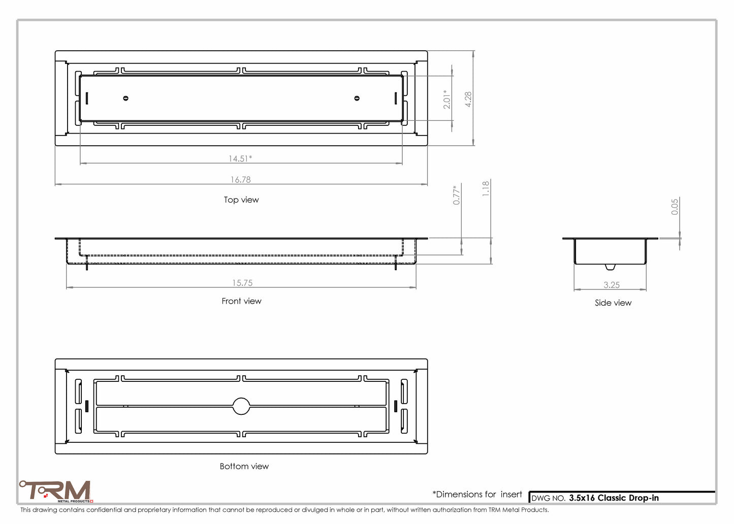 3.5x16 - Classic Drop-in Air Vent, Flush Floor-Matching, All Metal, Floor Vent Cover - TRM Metal  16x3.5