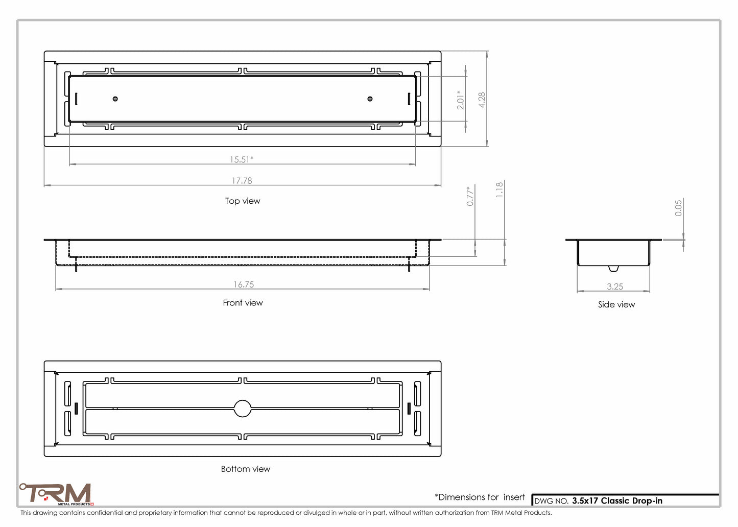 3.5x17 - Classic Drop-in Air Vent, Flush Floor-Matching, All Metal, Floor Vent Cover - TRM Metal  17x3.5