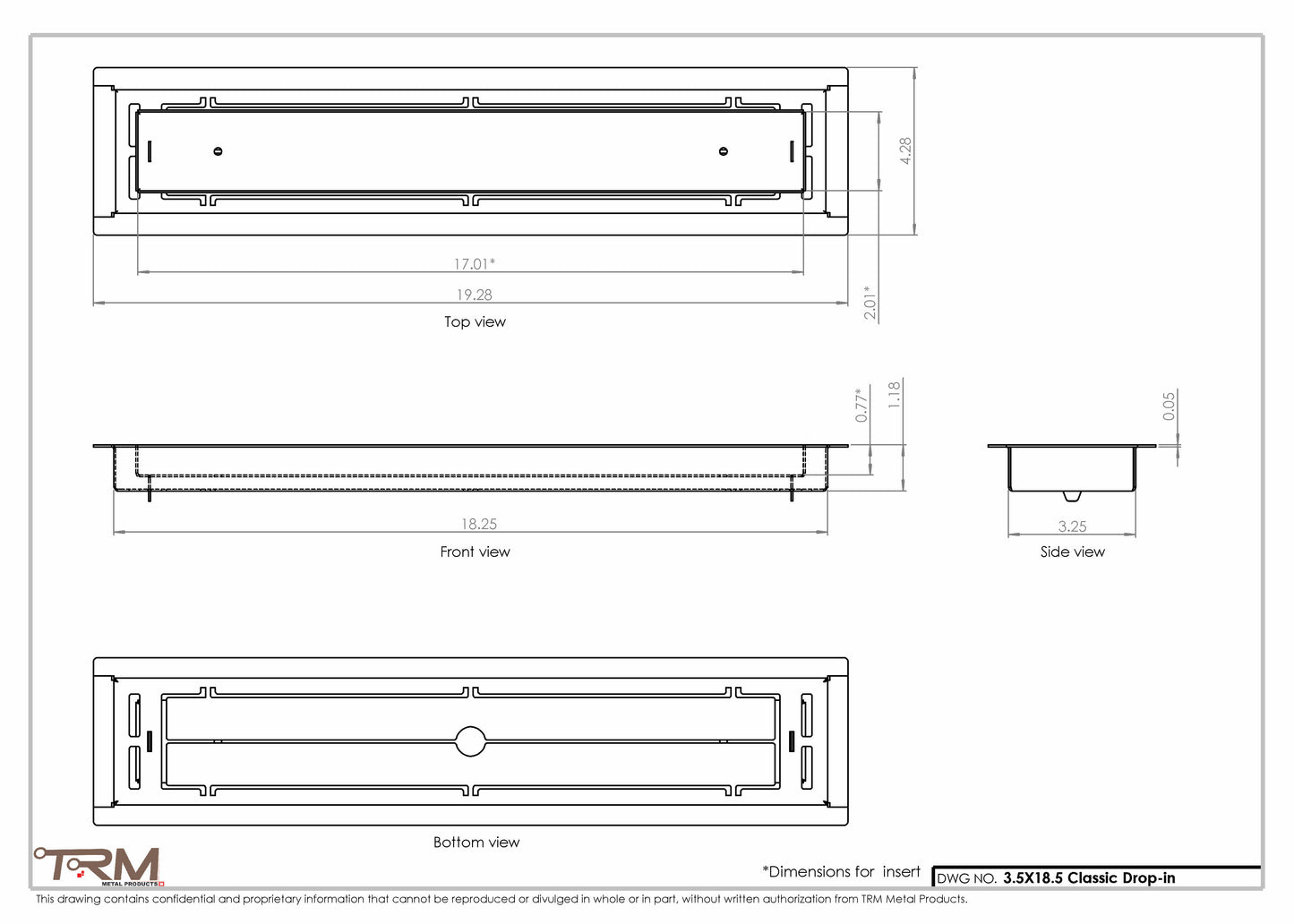 3.5x18.5 - Classic Drop-in Air Vent, Flush Floor-Matching, All Metal, Floor Vent Cover - TRM Metal  18.5x3.5