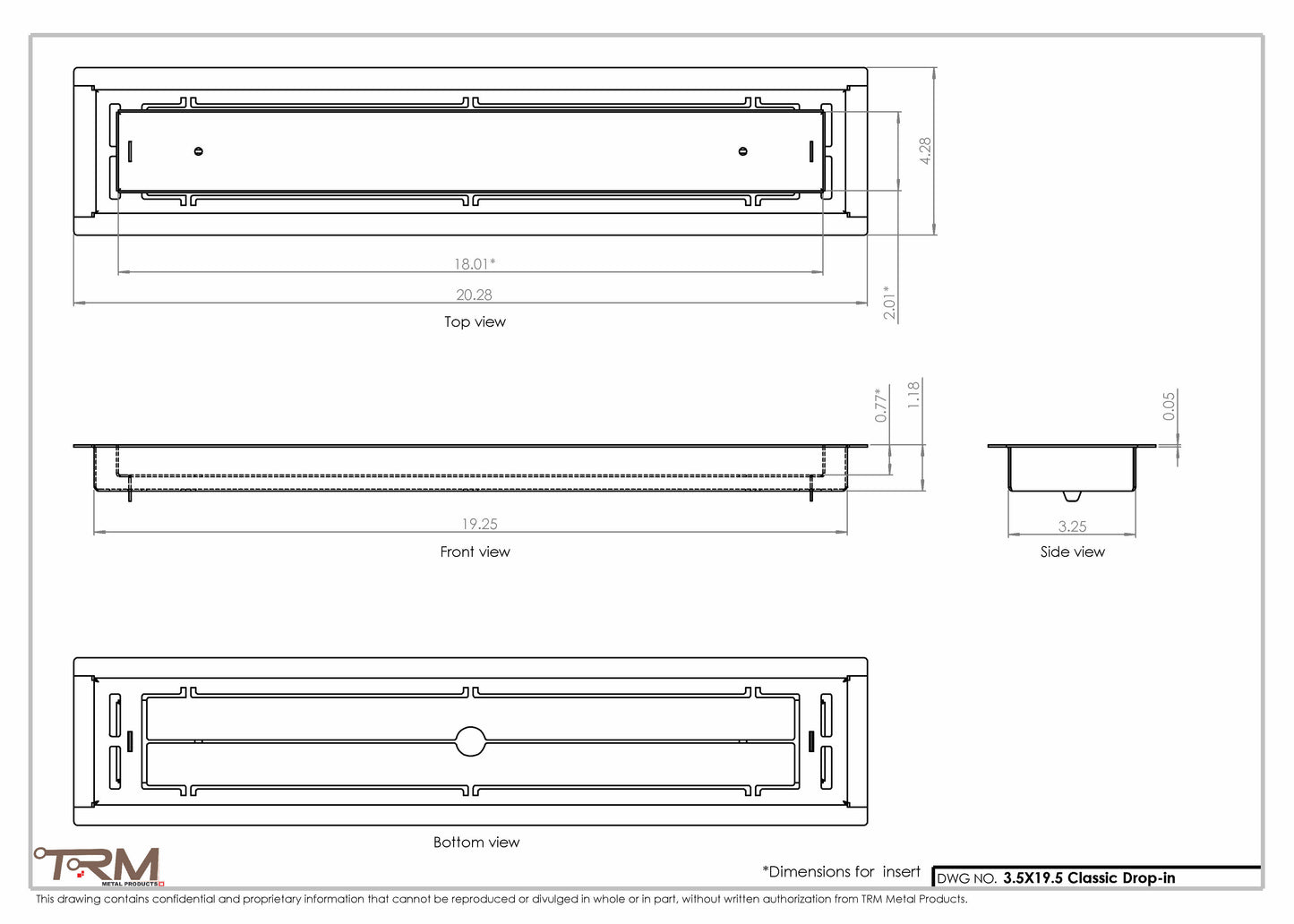 3.5x19.5 - Classic Drop-in Air Vent, Flush Floor-Matching, All Metal, Floor Vent Cover - TRM Metal  19.5x3.5