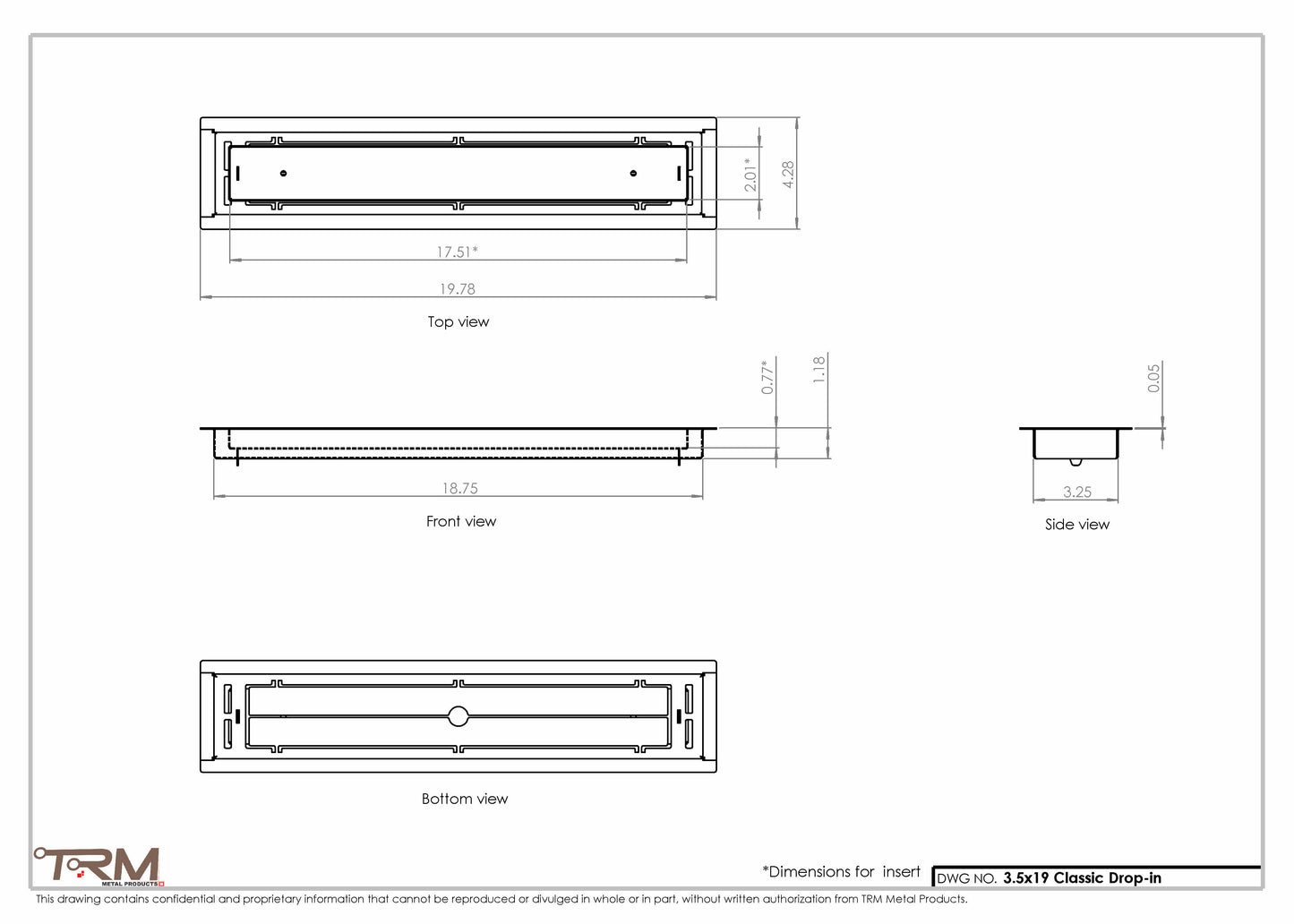 3.5x19 - Classic Drop-in Air Vent, Flush Floor-Matching, All Metal, Floor Vent Cover - TRM Metal  19x3.5