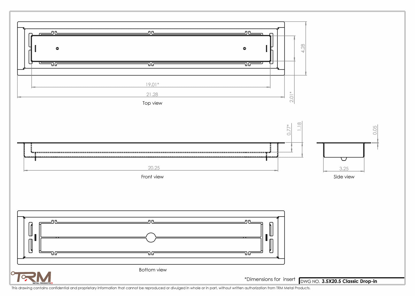 3.5x20.5 - Classic Drop-in Air Vent, Flush Floor-Matching, All Metal, Floor Vent Cover - TRM Metal  20.5x3.5