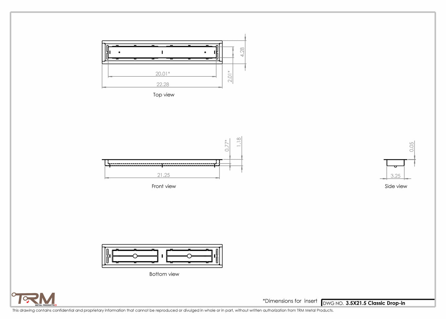 3.5x21.5 - Classic Drop-in Air Vent, Flush Floor-Matching, All Metal, Floor Vent Cover - TRM Metal  21.5x3.5