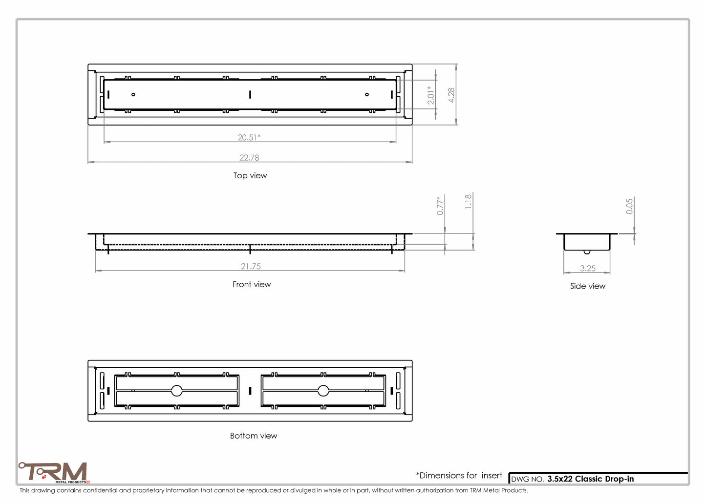 3.5x22 - Classic Drop-in Air Vent, Flush Floor-Matching, All Metal, Floor Vent Cover - TRM Metal  22x3.5