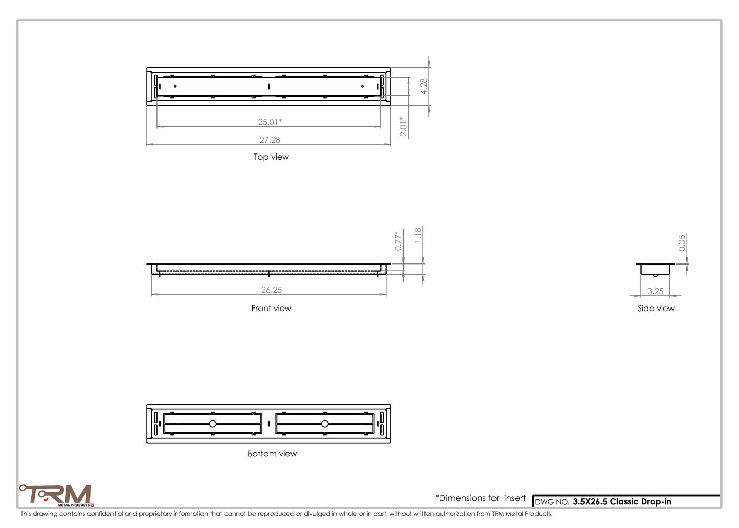 3.5x26.5 - Classic Drop-in Air Vent, Flush Floor-Matching, All Metal, Floor Vent Cover - TRM Metal  26.5x3.5