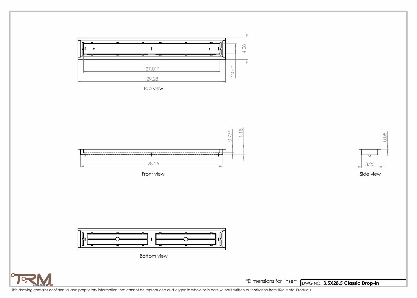 3.5x28.5 - Classic Drop-in Air Vent, Flush Floor-Matching, All Metal, Floor Vent Cover - TRM Metal  28.5x3.5