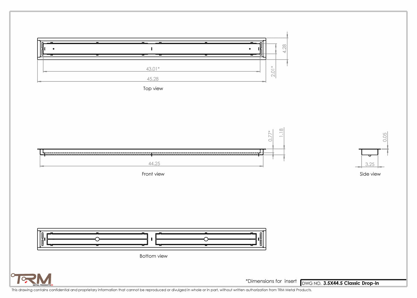3.5x44.5 - Classic Drop-in Air Vent, Flush Floor-Matching, All Metal, Floor Vent Cover - TRM Metal  44.5x3.5