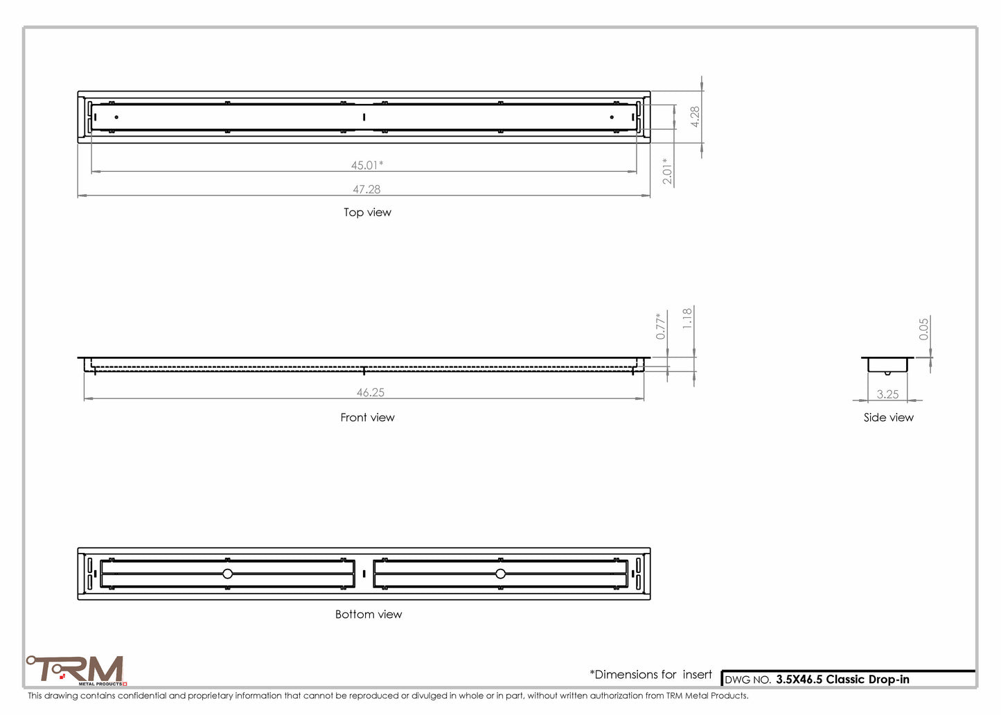 3.5x46.5 - Classic Drop-in Air Vent, Flush Floor-Matching, All Metal, Floor Vent Cover - TRM Metal  46.5x3.5