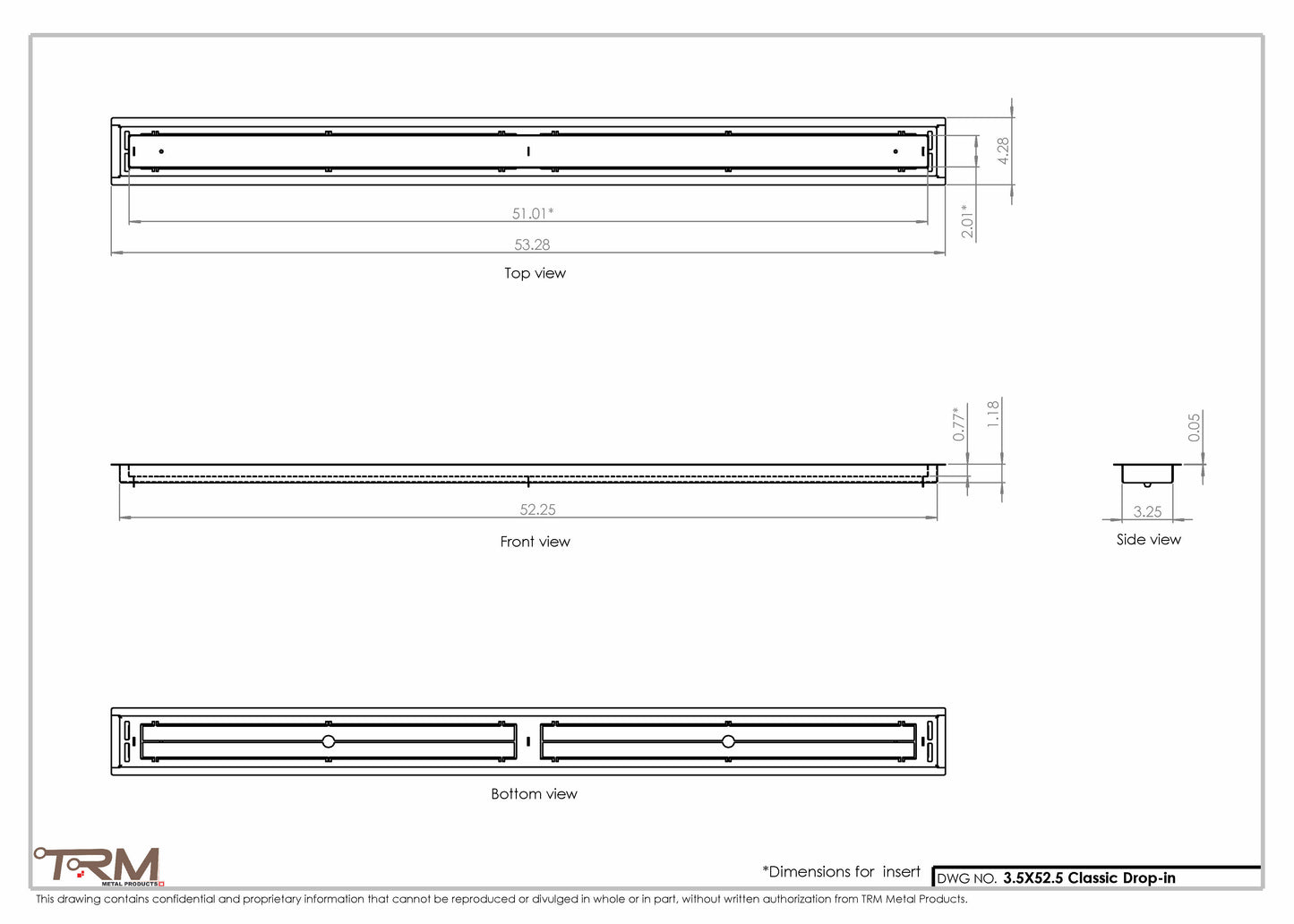 3.5x52.5 - Classic Drop-in Air Vent, Flush Floor-Matching, All Metal, Floor Vent Cover - TRM Metal  52.5x3.5