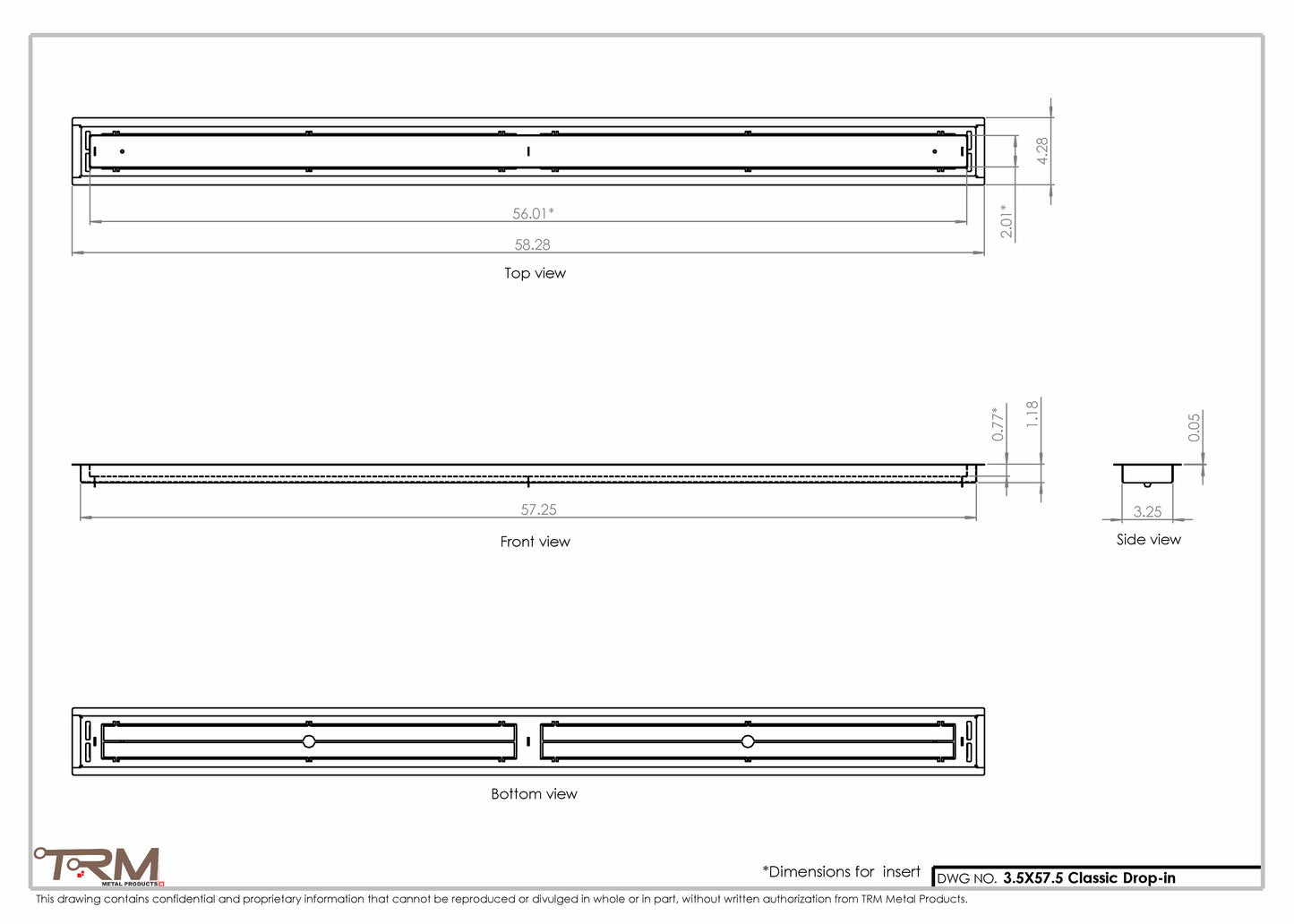 3.5x57.5 - Classic Drop-in Air Vent, Flush Floor-Matching, All Metal, Floor Vent Cover - TRM Metal  57.5x3.5