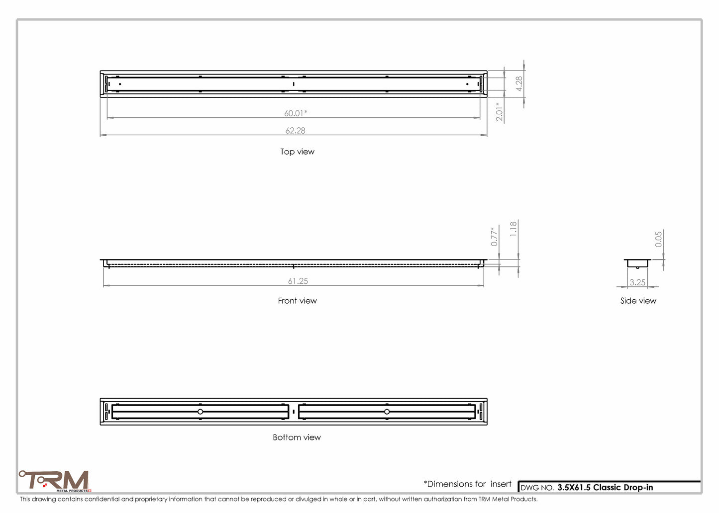3.5x61.5 - Classic Drop-in Air Vent, Flush Floor-Matching, All Metal, Floor Vent Cover - TRM Metal  61.5x3.5