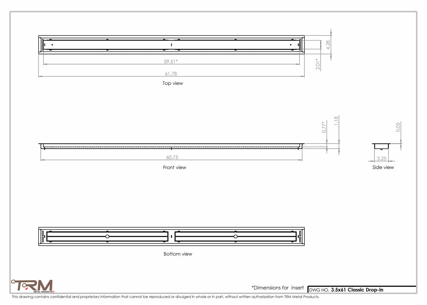3.5x61 - Classic Drop-in Air Vent, Flush Floor-Matching, All Metal, Floor Vent Cover - TRM Metal  61x3.5