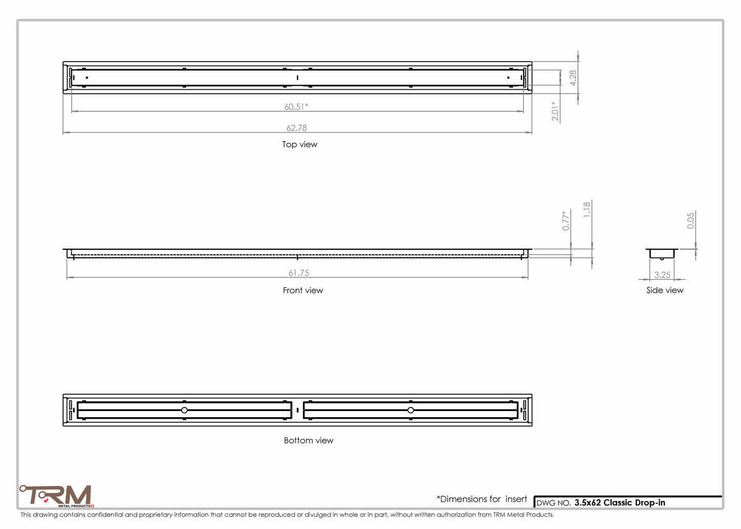 3.5x62 - Classic Drop-in Air Vent, Flush Floor-Matching, All Metal, Floor Vent Cover - TRM Metal  62x3.5