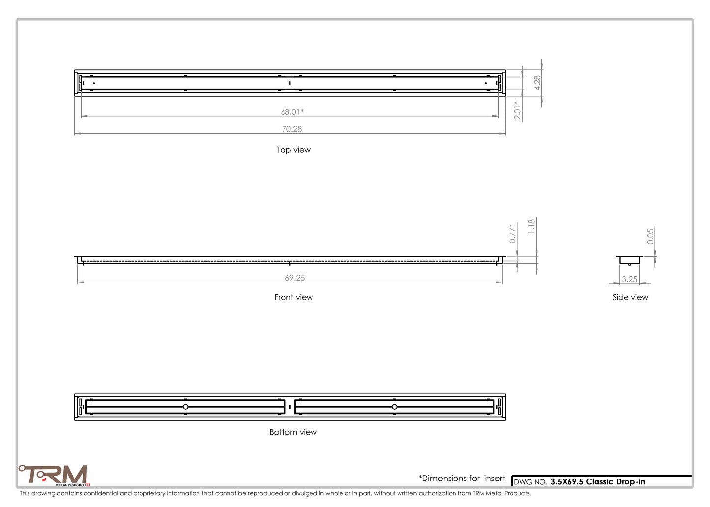 3.5x69.5 - Classic Drop-in Air Vent, Flush Floor-Matching, All Metal, Floor Vent Cover - TRM Metal  69.5x3.5