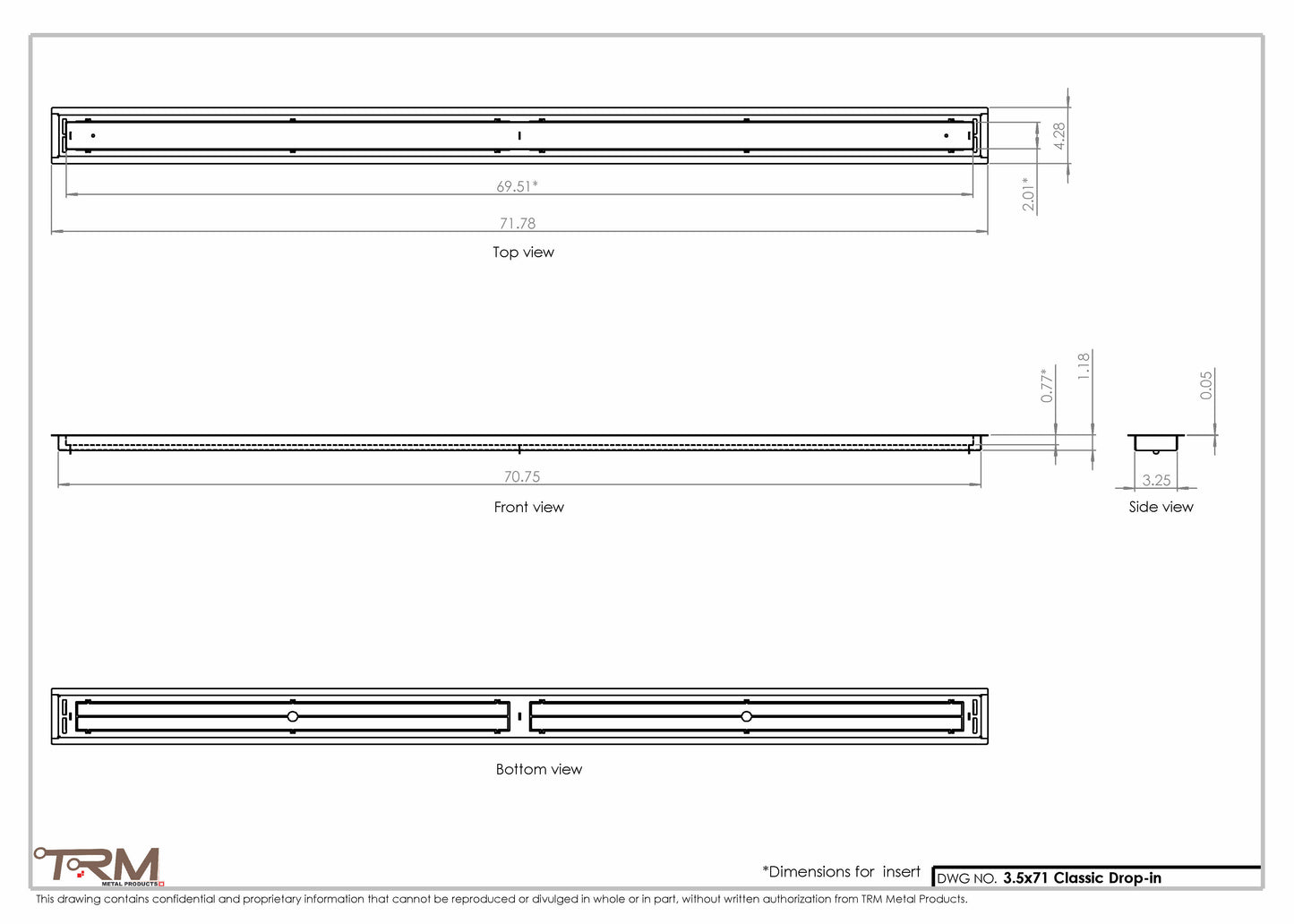 3.5x71 - Classic Drop-in Air Vent, Flush Floor-Matching, All Metal, Floor Vent Cover - TRM Metal  71x3.5