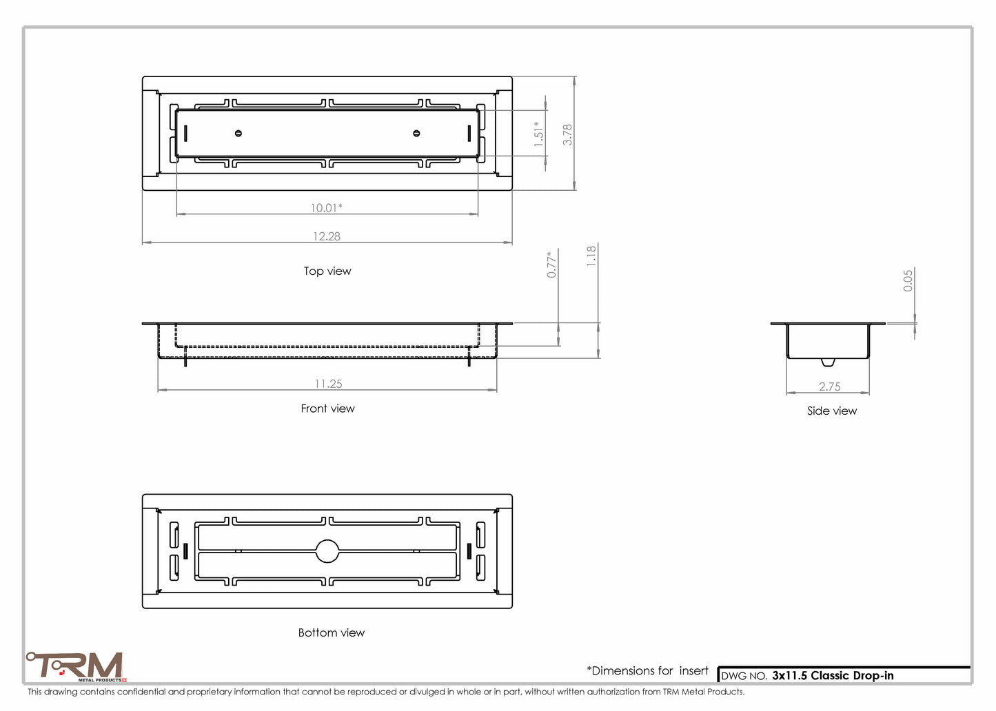 3x11.5 - Classic Drop-in Air Vent, Flush Floor-Matching, All Metal, Floor Vent Cover - TRM Metal  11.5x3