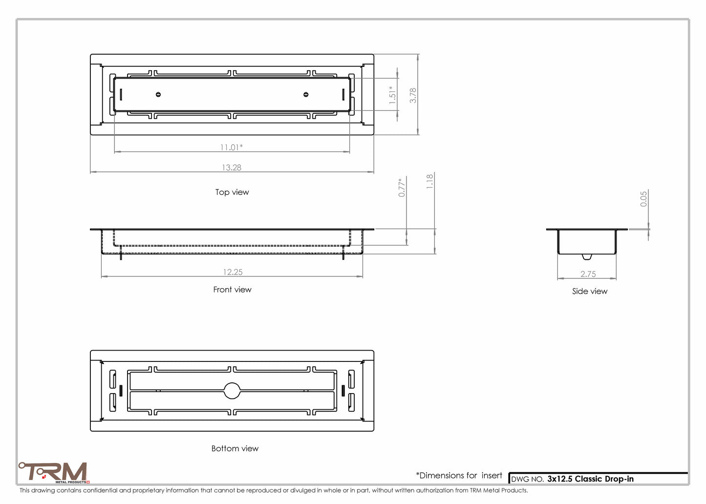 3x12.5 - Classic Drop-in Air Vent, Flush Floor-Matching, All Metal, Floor Vent Cover - TRM Metal  12.5x3