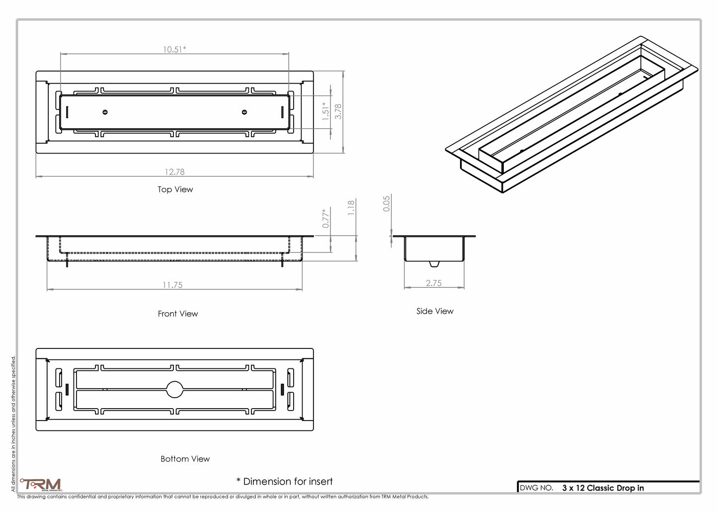 3x12 Classic Drop-in Air Vent, Flush Floor-Matching, All Metal, Floor Vent Cover (12x3)