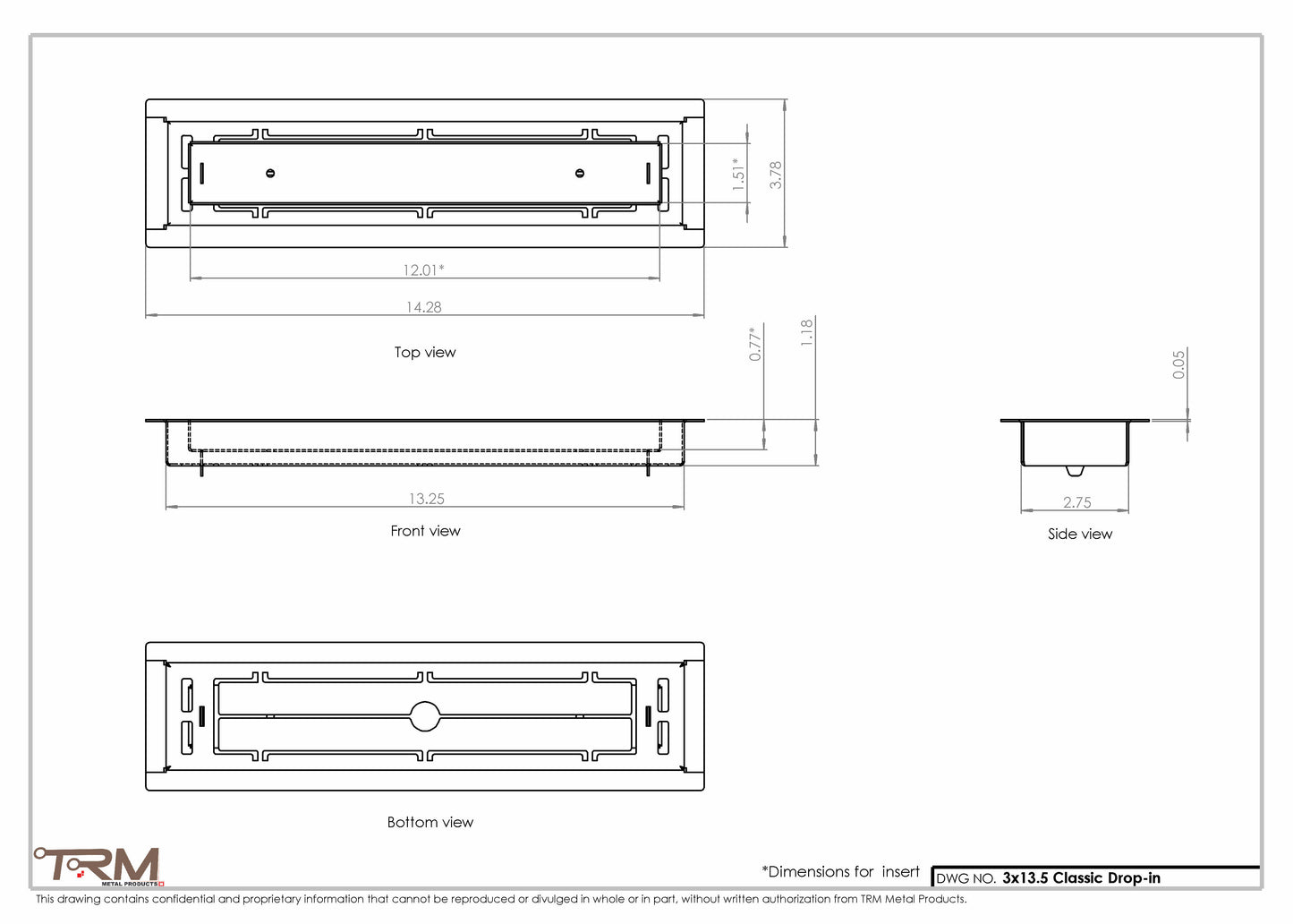 3x13.5 - Classic Drop-in Air Vent, Flush Floor-Matching, All Metal, Floor Vent Cover - TRM Metal  13.5x3