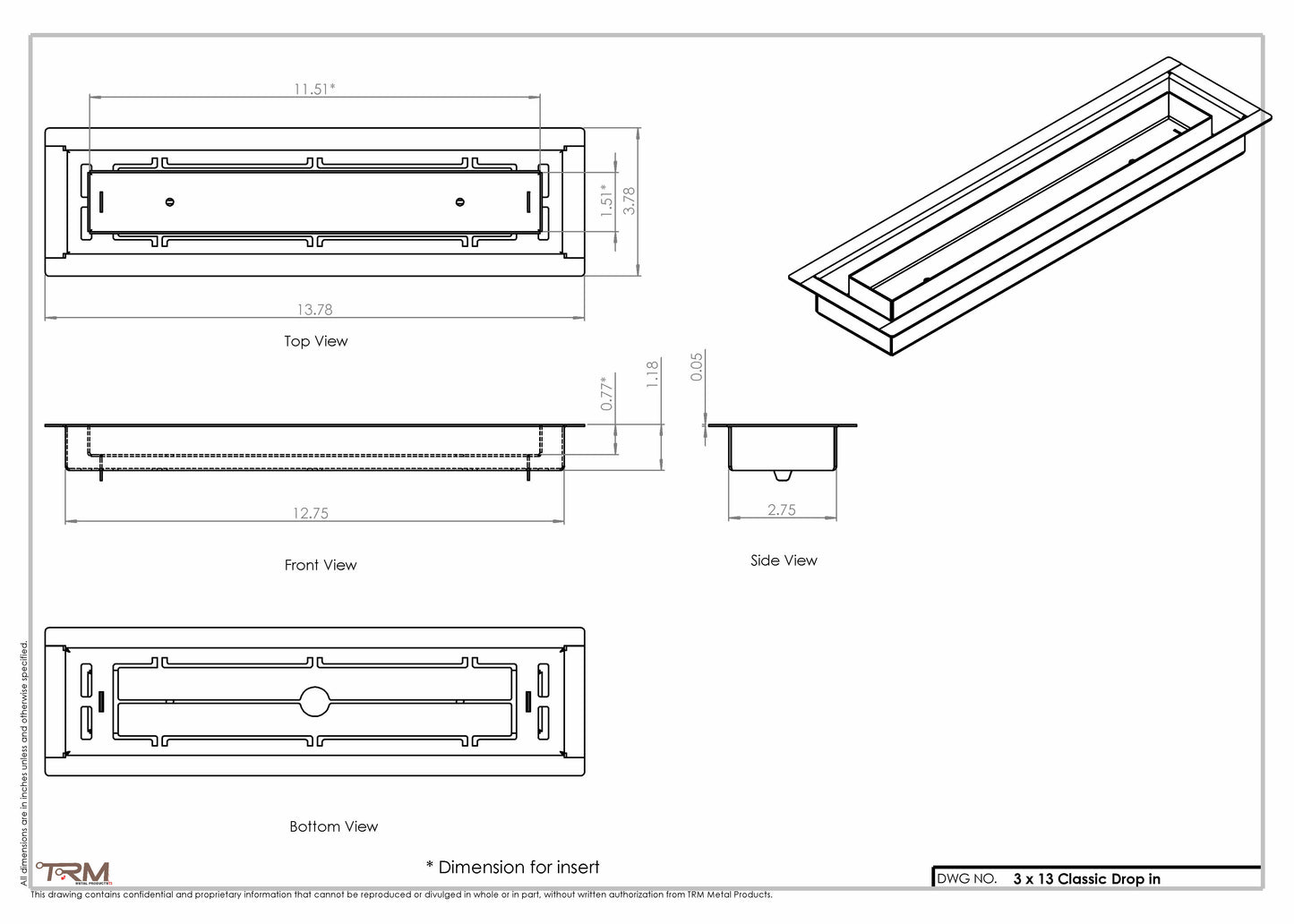 3x13 Classic Drop-in Air Vent, Flush Floor-Matching, All Metal, Floor Vent Cover (13x3)