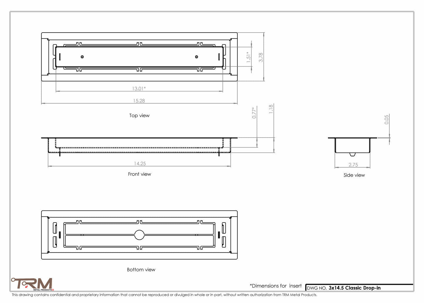3x14.5 - Classic Drop-in Air Vent, Flush Floor-Matching, All Metal, Floor Vent Cover - TRM Metal  14.5x3