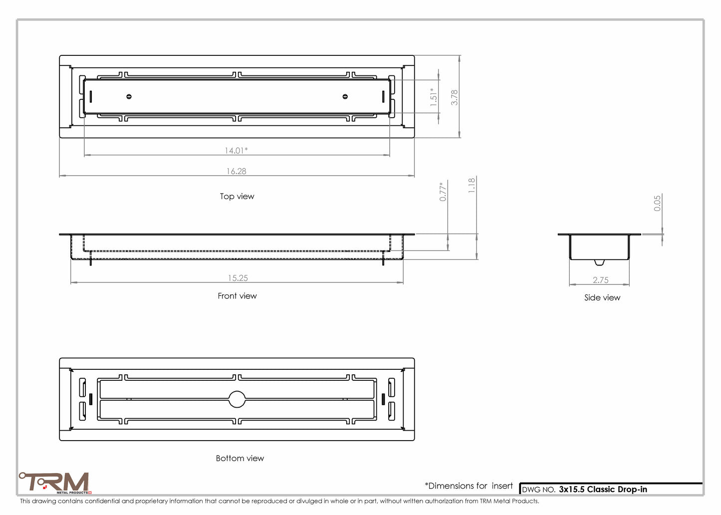 3x15.5 Classic Drop-in Air Vent, Flush Floor-Matching, All Metal, Floor Vent Cover (15.5x3)