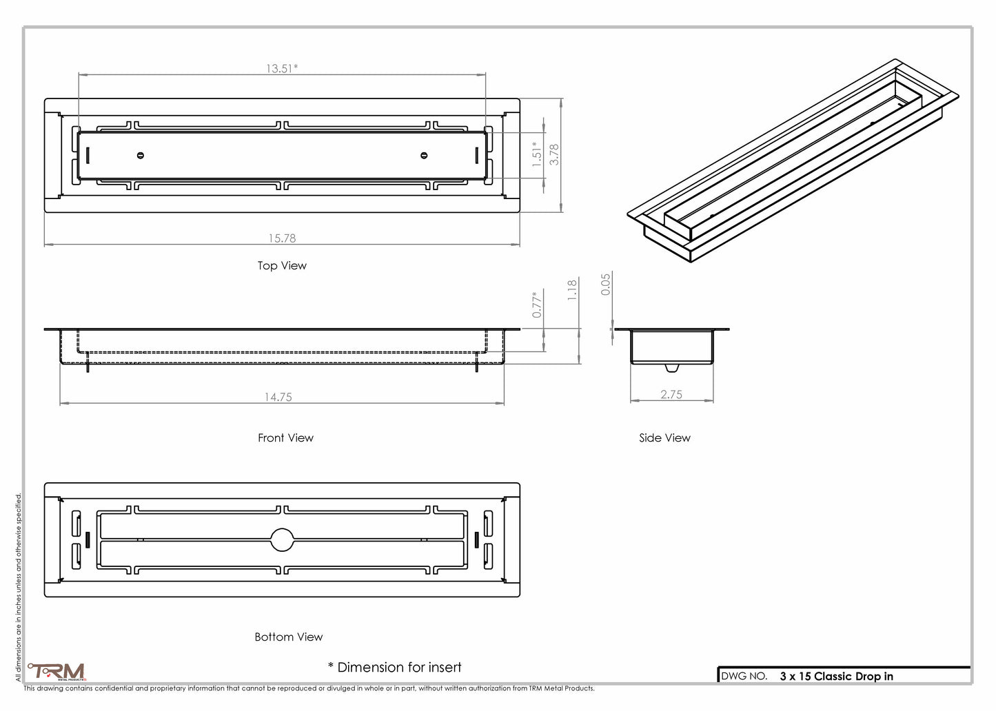 3x15 Classic Drop-in Air Vent, Flush Floor-Matching, All Metal, Floor Vent Cover (15x3)